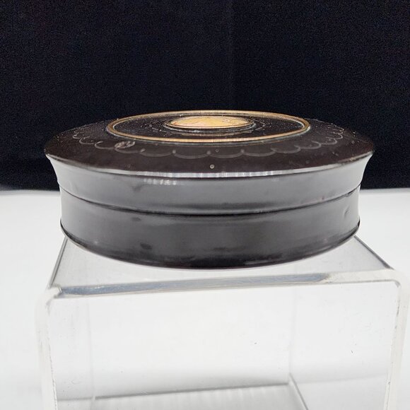 Antique Black Round Snuff Box With Brass Accents & Jasper Inlay Design Lacquer - Picture 8 of 12